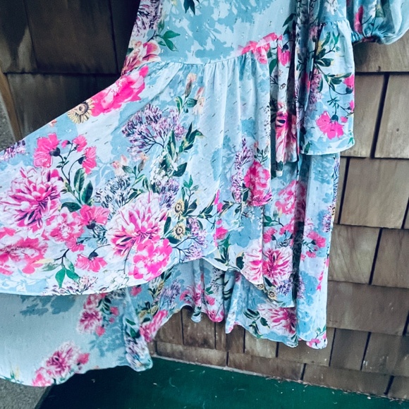 Eliza J Floral Metallic Surplice V Neck Long Sleeve High Low Wrap Maxi Dress 6 - Picture 10 of 16